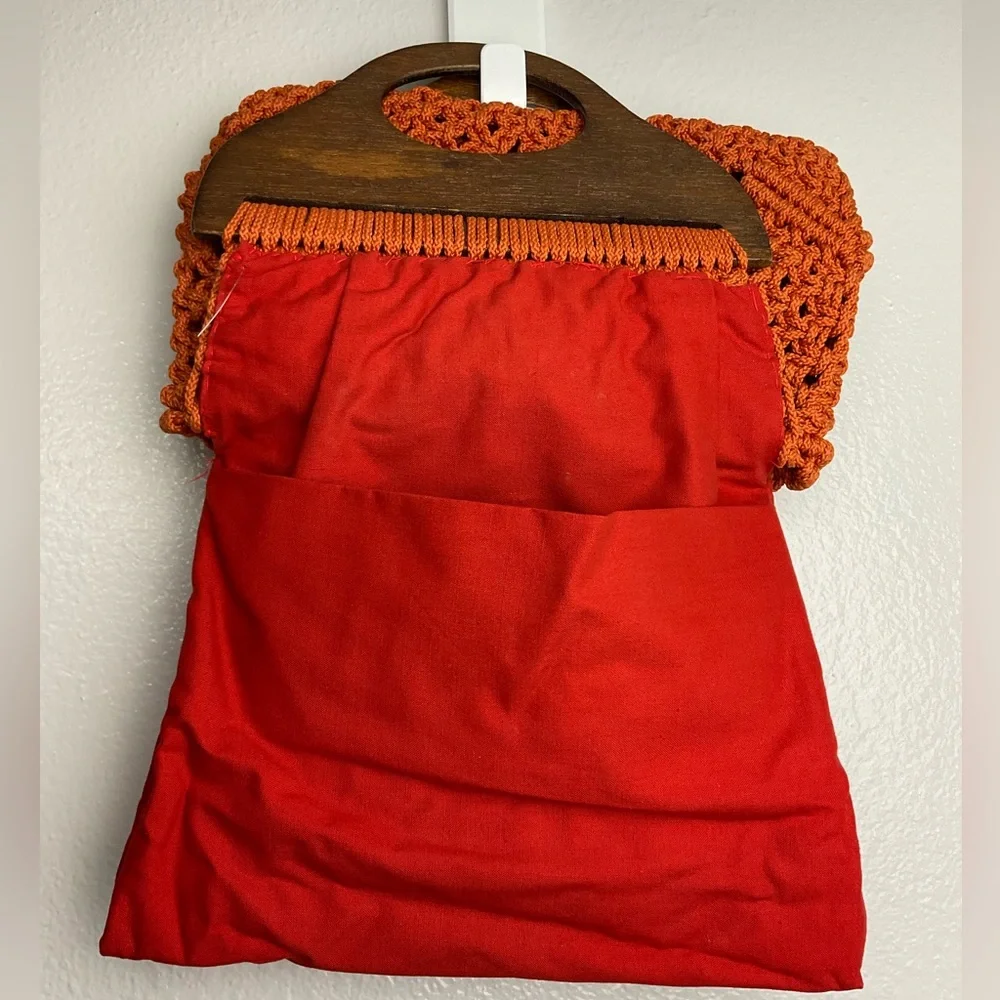 Mid century modern‎ Orange Macramé Tote with Wooden Handle